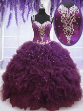 Purple Straps Neckline Beading and Ruffles Quinceanera Dresses Sleeveless Zipper