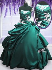 Strapless Sleeveless 15 Quinceanera Dress Floor Length Appliques and Pick Ups Turquoise Taffeta