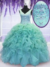 Low Price Blue Sleeveless Beading and Embroidery and Ruffles Floor Length Sweet 16 Dress