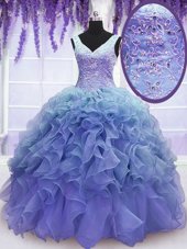 V-neck Sleeveless Organza Quinceanera Dress Beading and Embroidery and Ruffles Lace Up
