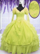 V-neck Sleeveless Quince Ball Gowns Floor Length Beading and Embroidery and Ruffles Yellow Green Organza