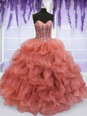 Traditional Sleeveless Organza Floor Length Lace Up Sweet 16 Quinceanera Dress in Watermelon Red for with Beading and Ruffles