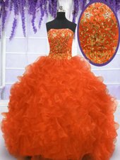 Fantastic Organza Sleeveless With Train Sweet 16 Dresses Brush Train and Beading and Appliques and Ruffles