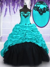 Customized Pick Ups Sweep Train Ball Gowns 15th Birthday Dress Aqua Blue Sweetheart Taffeta Sleeveless With Train Lace Up
