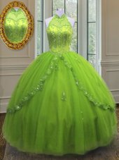 High End Floor Length Lace Up Quinceanera Gown Yellow Green and In for Military Ball and Sweet 16 and Quinceanera with Beading and Appliques
