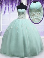 Super Beading and Embroidery Ball Gown Prom Dress Light Blue Zipper Sleeveless Floor Length