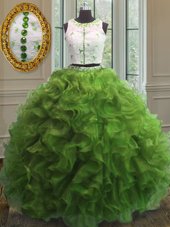 Pretty Scoop Sleeveless Clasp Handle Floor Length Appliques and Ruffles Quinceanera Dresses