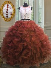 Custom Designed Ball Gowns Vestidos de Quinceanera Rust Red Scoop Organza Sleeveless Floor Length Clasp Handle