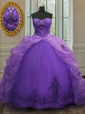 Sweetheart Sleeveless 15 Quinceanera Dress With Train Court Train Beading and Appliques and Pick Ups Purple Organza