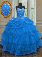 Hot Selling Organza Sleeveless Floor Length Quinceanera Gowns and Beading and Ruffled Layers and Pick Ups