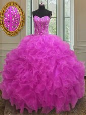 Flirting Sleeveless Organza Floor Length Lace Up Quinceanera Gowns in Fuchsia for with Beading and Ruffles