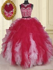 Scoop White And Red Two Pieces Beading and Ruffles Quinceanera Dresses Zipper Tulle Sleeveless Floor Length