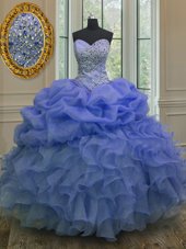 Fashion Floor Length Lace Up Quinceanera Dress Blue and In for Military Ball and Sweet 16 and Quinceanera with Beading and Ruffles and Pick Ups