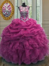 Super Fuchsia Organza Lace Up Scoop Sleeveless Floor Length Sweet 16 Quinceanera Dress Beading and Ruffles and Pick Ups