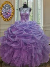 High Class Pick Ups Scoop Sleeveless Lace Up Quinceanera Gowns Lavender Organza
