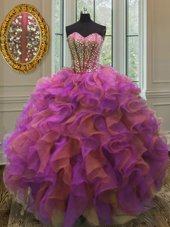 Trendy Hot Pink Sweetheart Neckline Beading and Sequins Quinceanera Dress Sleeveless Lace Up