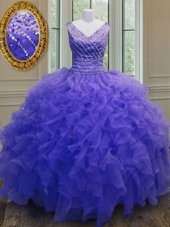Sophisticated Purple Zipper V-neck Beading and Ruffles Ball Gown Prom Dress Organza Sleeveless