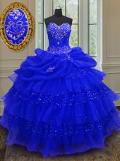 Fancy Royal Blue Organza Lace Up Sweetheart Sleeveless Floor Length Quince Ball Gowns Beading and Ruffled Layers and Pick Ups
