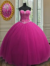Fabulous Sleeveless Floor Length Beading and Sequins Lace Up Quinceanera Gowns with Fuchsia
