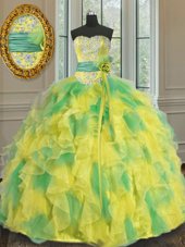 Super Halter Top Green Sleeveless Beading and Ruffled Layers and Pick Ups Floor Length Sweet 16 Dresses