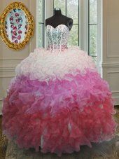 Orange Sweet 16 Quinceanera Dress Military Ball and Sweet 16 and Quinceanera and For with Beading and Ruffles and Pick Ups Sweetheart Sleeveless Lace Up