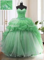 Custom Designed Green Organza Lace Up Sweetheart Sleeveless Ball Gown Prom Dress Sweep Train Beading and Ruffled Layers