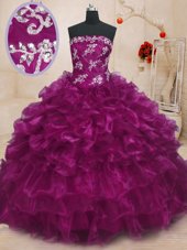 Luxurious Fuchsia Lace Up Strapless Beading and Appliques and Ruffles Quinceanera Dresses Organza Sleeveless