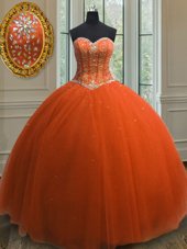 On Sale Floor Length Orange Red Quinceanera Dresses Tulle Sleeveless Beading and Sequins