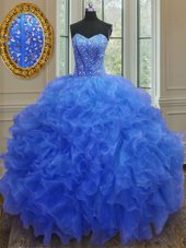 Sleeveless Organza Floor Length Lace Up Quinceanera Gowns in Multi-color for with Beading and Ruffles