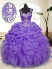 Lavender Sleeveless Beading and Ruffles and Pick Ups Floor Length Vestidos de Quinceanera