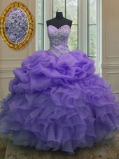 Lavender Organza Lace Up Sweetheart Sleeveless Floor Length Vestidos de Quinceanera Beading and Ruffles and Pick Ups