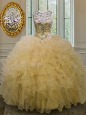 Organza Scoop Sleeveless Lace Up Beading and Ruffles Sweet 16 Dress in Light Yellow