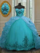 Clearance Aqua Blue Sweetheart Lace Up Beading and Appliques and Pick Ups Sweet 16 Quinceanera Dress Court Train Sleeveless