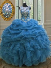 Cheap Blue Sweet 16 Quinceanera Dress Military Ball and Sweet 16 and Quinceanera and For with Beading and Ruffles and Pick Ups Scoop Sleeveless Lace Up