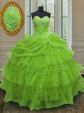 Amazing Yellow Green Ball Gowns Beading and Ruffled Layers and Pick Ups Ball Gown Prom Dress Lace Up Organza Sleeveless Floor Length