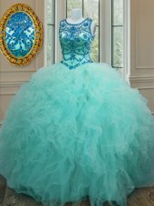 Scoop Sleeveless Lace Up 15 Quinceanera Dress Turquoise Tulle