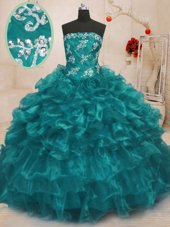 Customized Turquoise Sleeveless Floor Length Beading and Appliques and Ruffles Lace Up Quinceanera Gown