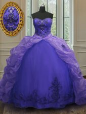 Discount Multi-color Ball Gowns Organza Sweetheart Sleeveless Beading and Appliques and Pick Ups With Train Lace Up 15 Quinceanera Dress Court Train