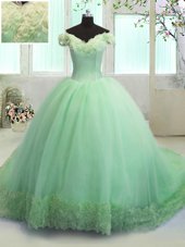 Off the Shoulder Short Sleeves With Train Hand Made Flower Lace Up Quinceanera Dresses with Court Train