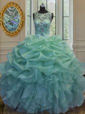 Super Scoop Sleeveless Floor Length Beading and Ruffles and Pick Ups Lace Up 15th Birthday Dress with Green