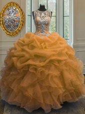 Scoop Floor Length Orange 15th Birthday Dress Organza Sleeveless Beading and Ruffles and Pick Ups