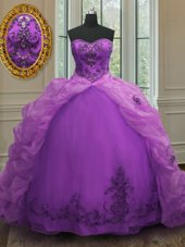 Sleeveless Court Train Beading and Ruffled Layers Lace Up Quinceanera Dress