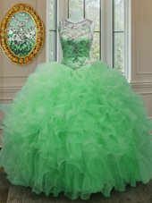 Nice Scoop Green Ball Gowns Beading and Ruffles Ball Gown Prom Dress Lace Up Organza Sleeveless Floor Length