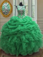 Most Popular Scoop Clasp Handle Floor Length Turquoise 15th Birthday Dress Organza Sleeveless Appliques and Ruffles