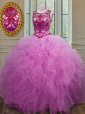 Scoop Lilac Tulle Lace Up 15th Birthday Dress Sleeveless Floor Length Beading and Ruffles