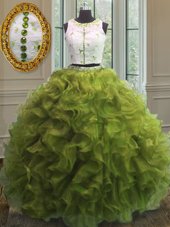 Olive Green Scoop Neckline Appliques and Ruffles Quinceanera Gowns Sleeveless Clasp Handle