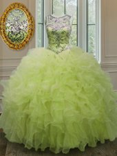 Scoop Yellow Green Lace Up Ball Gown Prom Dress Beading and Ruffles Sleeveless Floor Length