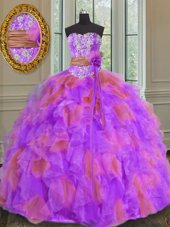 Custom Fit Multi-color Sleeveless Floor Length Beading and Ruffles and Sashes|ribbons and Hand Made Flower Lace Up Quinceanera Gown