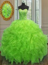 Floor Length Yellow Green Quinceanera Gown Organza Sleeveless Beading and Ruffles