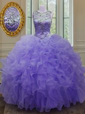 Scoop Teal Organza Clasp Handle Quinceanera Dress Sleeveless Floor Length Beading and Ruffles